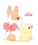 Greeting Easter card with cute friends - bunny and chicken. Happy Easter card with little baby rabbit and chick