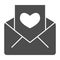 Greeting and envelope solid icon. Letter and valentine card with heart symbol, glyph style pictogram on white background