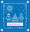 Greeting ethnic card for winter holidays and New year celebration with abstract funny Eskimo child boy and girl, snowflakes and su