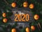 Greeting inscription Hello 2020 on a wooden background framed with tangerines and fir branches