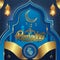 Greeting of marhaban ya ramadhan with lettering. ied Mubarak, elegant blue background Template