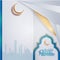 Greeting of marhaban ya ramadhan with lettering. ied Mubarak, elegant white blue background Template