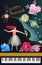 Greeting music card. Black concert grand piano, golden ribbon, cute fairy, pulling curtain, space, planets, stars, flowers