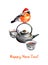 Greeting postcard with tea, teapot and bullfinch in red hat