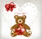 Greeting valentine card with heart, lace, toy bear