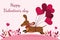 Greeting Valentines day card template. Cute dachshund run in love mood with air hearts balloons on pink background