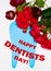 Greeting vertical card for dentistry. Happy dentist day - blue tooth and rose flowers with place for text on white copy