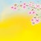 Greeting vivid card with abstract blooming cherry flowers and birds on sunrise background  with copy space