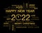 Greeting words around New Year date 2022 color in gold. Happy New Year 2022 colorful negative space numbers word cloud text .