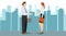 Greetings, handshake. A man and a woman greet each other. Vector illustration of a business woman and a business man making a deal