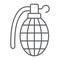 Grenade thin line icon, army and military, hand bomb sign, vector graphics, a linear pattern on a white background.