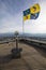 Grenoble, France, January 2019 : Binoculars and the Dauphine flag at la Bastille