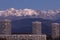 Grenoble, France, January 2019 : the three towers in front the belledonne mountains at sunset, ile verte neighbourhood