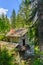 Gressoney, Italy. Ruined house in the woods of the park of Castel Savoia. Vertical image.