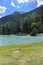 Gressoney-Saint-Jean, Italy. View of the Lake and the Gover Park. Vertical image.