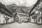 Gressoney Saint-Jean, Italy. View of Piazza Umberto I. Black and white image.