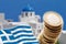 Grexit, Euro coins, flag, Greece, Santorini