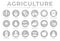 Grey Agriculture Round Icon Set of Wheat, Corn, Soy, Tractor, Sunflower, Fertilizer, Sun, Water, Growth, Weather, Rain, Fields,