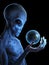 A grey alien holding the earth