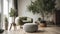 Grey armchair, knitted pouf and olive tree in light living room, generative ai