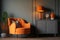 Grey armchair next to lamp in orange vintage living room interior with sofa next to cabinet. Generative AI