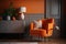 Grey armchair next to lamp in orange vintage living room interior with sofa next to cabinet. Generative AI