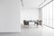 Grey armchairs and table in white room with mockup copy space, minimalist loft