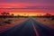 Grey asphalt empty road beyond horizont on orange pink background