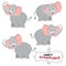 Grey baby Cute Elephant with different direction behind, up seeing illustration pink ear vector flat four set of elephant