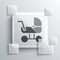 Grey Baby stroller icon isolated on grey background. Baby carriage, buggy, pram, stroller, wheel. Square glass panels