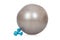 Grey ball and blue dumbbells for fitness