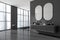 Grey bathroom interior with double sink and swimming pool, panoramic window