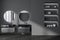 Grey bathroom interior with two washbasins and shelf with accessories