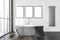 Grey bathtub in light bathroom interior with window, mockup frames