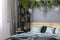 Grey bedroom interior with fresh plants on metal rack with decor