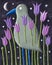 Grey bird with a blue beak with purple tulips in the night