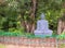 Grey blue statue of buddha under a pipal tree. meditation concept