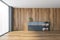 Grey bookcase, shelf with business folder in wooden empty office room