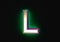 Grey brassy with colorful dichroic glass outline and green backlight font - letter L isolated on dark, 3D illustration of symbols