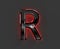 Grey brassy font with red shiny reflective outline - letter R isolated on grey, 3D illustration of symbols