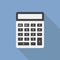 Grey calculator with black buttons on blue background with shadow. Portable calculator in flat design