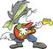 Grey cartoon cat playing electronic guitar and singing rock and roll vector