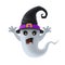 Grey cartoon Halloween ghost, monster, witch wearing hat