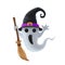 Grey cartoon Halloween ghost, monster, witch wearing hat and broom.