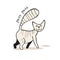 Grey cartoon tabby cat walks and purrs. Vector illustration.