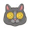 Grey cat with bitcoin eyes hand drawn design for someone who loves cats and crypto currency. Fun crypto kitty design