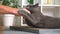 Grey cat is playing with man's hand. The cat bites the man's hand. Angry gray cat on scratching post