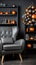 A grey chair and orange christmas tree in a room, AI