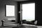 Grey chill interior with chairs near panoramic window. Mockup frame