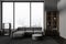 Grey chill interior with couch, shelf with decoration and panoramic window